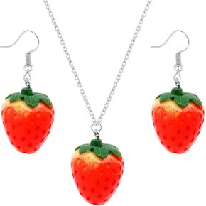 GIGB PBDK 3D Simulated Fruit Red Strawberry Acrylic Necklace Earring Set.Cute Stereoscopic Red Strawberry Dangle Necklace Earring Set, Country Style Ear Clip Ear Hook Girl's Jewelry