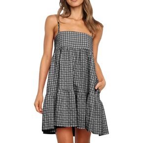 LPCBDEE Womens Plaid A-line Dresses Shoulder Straps Ruffle Hem Casual Mini Dress with Side Pocket