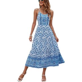 Angashion Women's Dresses Floral Adjustable Spaghetti Strap V Neck Boho Long Maxi Dress Summer Beach Flowy Ethnic Sundress