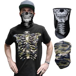 Glow in The Dark Skeleton T-Shirt with Face Skull Mask Bandana Balaclava Neck Gaiter Halloween Costume for Men, Women, Adults