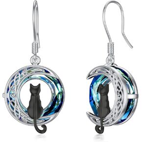 TOUPOP Cat on the Moon Earrings Sterling Silze Cut Animal Cat Dangel Drop Earrings with Circle Crystal Christmas Valentines Birthday Mothers Day Jewelry Gifts for Women Girls Cat Lovers