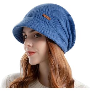 KDVOG Women Fleece Lined Knitted Hat with Visor Brim, Winter Slouchy Cable Knit Beanie Newsboy Cap for Cold Weather