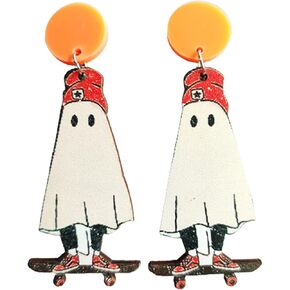 Retro Halloween Happy Ghost Pumpkin Wooden Drop Dangle Earrings Cute Funny Lightwight Colorful Flower Spider Earrings for Women Girl Costumes Party Decorations Thanksgiving Jewelry Gifts