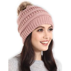 Brook + Bay Pom Pom Beanie Winter Hat for Women - Faux Fur Pompom Warm Chunky Soft Cable Knit Hats - Cold Weather Knitted Cap