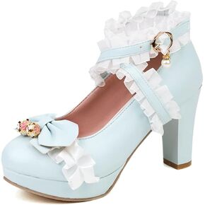 FOREADA Kawii Shoes Bow Pearl Heels Lolita Platform Heels for Women Lace Cute Mary Janes Pumps
