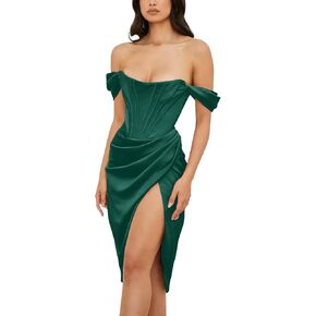 المرأة قبالة الكتف سبليت بوستير مشد فستان ستان حمالة رفع عارية الذراعين عالية الشق Bodycon Ruched كوكتيل فستان الحفلات in Kuwait