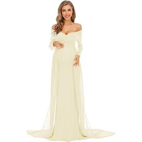 ZIUMUDY Maternity Off Shoulder Long Sleeve Fitted Gown Maxi Chiffon Dress for Photo Shoot Baby Shower in Kuwait