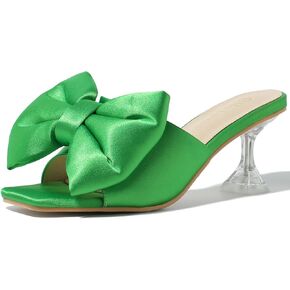 Heiyom Women's Bow Clear Heels Slippers Dress Sandals Square Toe Stiletto Mules Slip on Wedding Prom Shoes in Saudi Arabia
