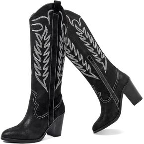ANYANAMZ Women's Cowboy Knee High Boots, Western Boots Cowgirl Boots for Women, Pointed Toe Chunkey Heel Black Women's Boots. in Saudi Arabia