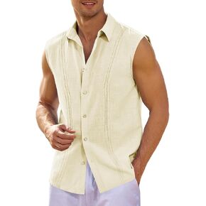 قمصان Hestenve الرجالية الكوبية Guayabera من الكتان بدون أكمام وأزرار لأعلى، قميص صيفي كاجوال للشاطئ in Saudi Arabia