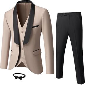 YND Men's 3 Piece Slim Fit Tuxedo Suit Set, One Button Shawl Lapel Solid Blazer, Jacket Vest Pants with Bow Tie