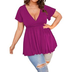 SweatyRocks Women's Plus Size Short Sleeve Deep V Neck Ruffle Hem Blouse Pleated Flared Peplum Top in Saudi Arabia