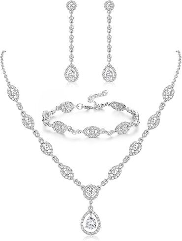 YADOCA Wedding Bridal Jewelry Set For Women Silver Prom Costume Jewelry Sets Rhinestone Crystal Teardrop Necklace Earrings Bracelet Bridesmaid Jewelry Accessories Blue Silver Red Rose Gold in Saudi Arabia