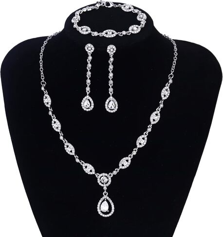 YADOCA Wedding Bridal Jewelry Set For Women Silver Prom Costume Jewelry Sets Rhinestone Crystal Teardrop Necklace Earrings Bracelet Bridesmaid Jewelry Accessories Blue Silver Red Rose Gold in Saudi Arabia
