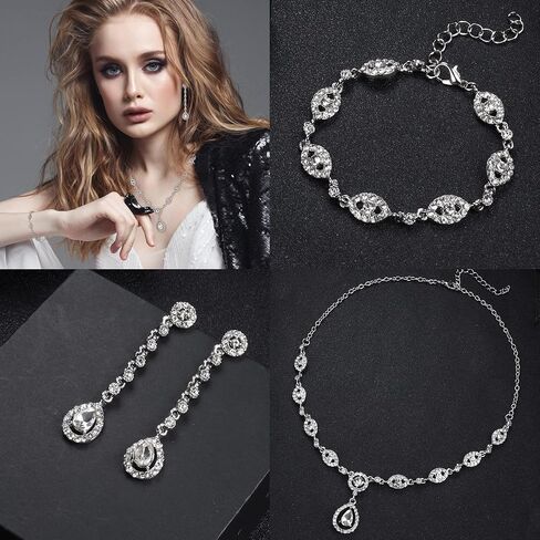 YADOCA Wedding Bridal Jewelry Set For Women Silver Prom Costume Jewelry Sets Rhinestone Crystal Teardrop Necklace Earrings Bracelet Bridesmaid Jewelry Accessories Blue Silver Red Rose Gold in Saudi Arabia