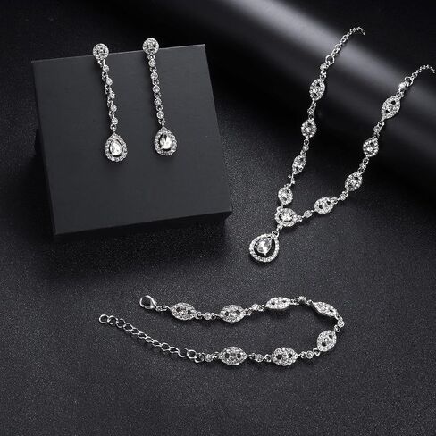 YADOCA Wedding Bridal Jewelry Set For Women Silver Prom Costume Jewelry Sets Rhinestone Crystal Teardrop Necklace Earrings Bracelet Bridesmaid Jewelry Accessories Blue Silver Red Rose Gold in Saudi Arabia