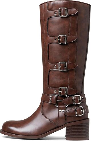 Cossansan Knee High Boots Women- Classic Chunky Boots for Women Fashion Buckles Boots Square Toe Pull On Riding Boots for Women Comfortable Cowgirl Boots in Kuwait