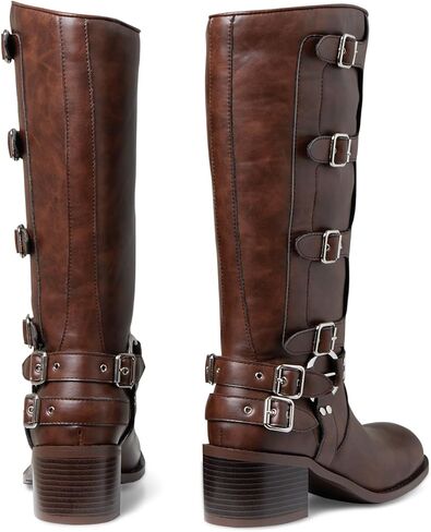 Cossansan Knee High Boots Women- Classic Chunky Boots for Women Fashion Buckles Boots Square Toe Pull On Riding Boots for Women Comfortable Cowgirl Boots in Kuwait