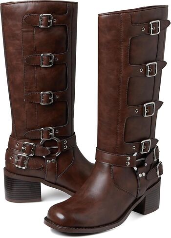 Cossansan Knee High Boots Women- Classic Chunky Boots for Women Fashion Buckles Boots Square Toe Pull On Riding Boots for Women Comfortable Cowgirl Boots in Kuwait