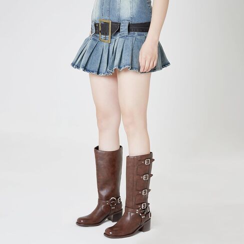 Cossansan Knee High Boots Women- Classic Chunky Boots for Women Fashion Buckles Boots Square Toe Pull On Riding Boots for Women Comfortable Cowgirl Boots in Kuwait