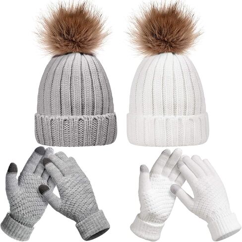 4 Pieces Winter Hat And Gloves Set Women Beanie Hat Gloves Skull Cap Touchscreen Gloves for Women Girl Lady Couple (White and Grey) in Saudi Arabia