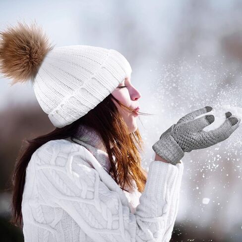 4 Pieces Winter Hat And Gloves Set Women Beanie Hat Gloves Skull Cap Touchscreen Gloves for Women Girl Lady Couple (White and Grey) in Saudi Arabia