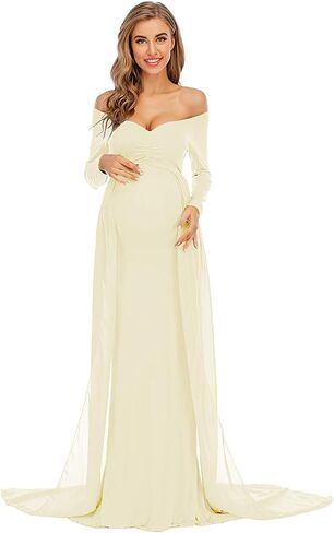 ZIUMUDY Maternity Off Shoulder Long Sleeve Fitted Gown Maxi Chiffon Dress for Photo Shoot Baby Shower in Kuwait