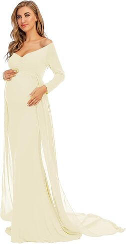 ZIUMUDY Maternity Off Shoulder Long Sleeve Fitted Gown Maxi Chiffon Dress for Photo Shoot Baby Shower in Kuwait