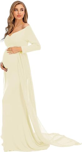 ZIUMUDY Maternity Off Shoulder Long Sleeve Fitted Gown Maxi Chiffon Dress for Photo Shoot Baby Shower in Kuwait