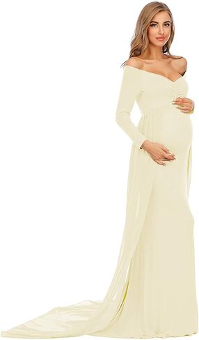 ZIUMUDY Maternity Off Shoulder Long Sleeve Fitted Gown Maxi Chiffon Dress for Photo Shoot Baby Shower in Kuwait