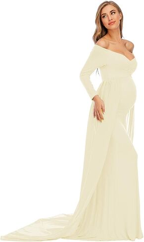 ZIUMUDY Maternity Off Shoulder Long Sleeve Fitted Gown Maxi Chiffon Dress for Photo Shoot Baby Shower in Kuwait