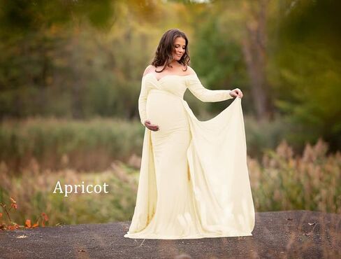 ZIUMUDY Maternity Off Shoulder Long Sleeve Fitted Gown Maxi Chiffon Dress for Photo Shoot Baby Shower in Kuwait