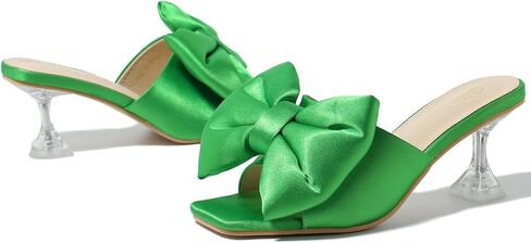 Heiyom Women's Bow Clear Heels Slippers Dress Sandals Square Toe Stiletto Mules Slip on Wedding Prom Shoes in Saudi Arabia