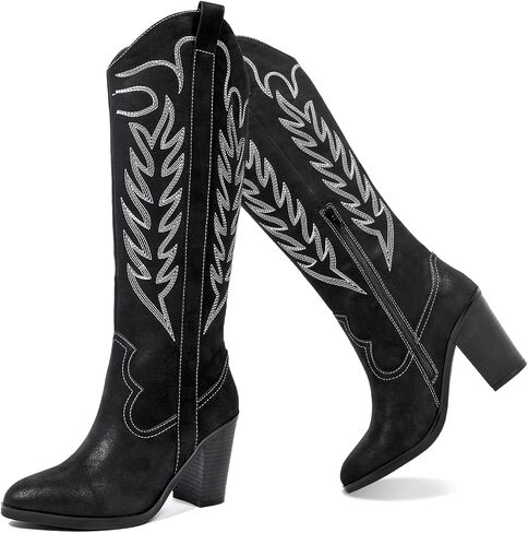 ANYANAMZ Women's Cowboy Knee High Boots, Western Boots Cowgirl Boots for Women, Pointed Toe Chunkey Heel Black Women's Boots. in Saudi Arabia