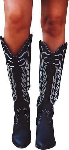 ANYANAMZ Women's Cowboy Knee High Boots, Western Boots Cowgirl Boots for Women, Pointed Toe Chunkey Heel Black Women's Boots. in Saudi Arabia