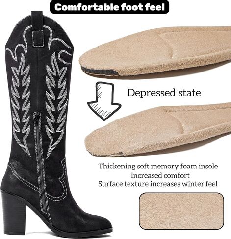 ANYANAMZ Women's Cowboy Knee High Boots, Western Boots Cowgirl Boots for Women, Pointed Toe Chunkey Heel Black Women's Boots. in Saudi Arabia
