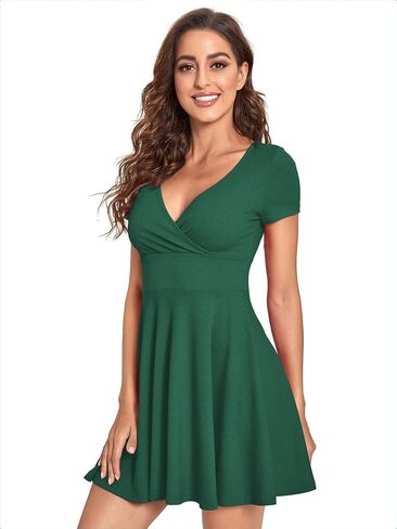 Verdusa Women's Surplice Neck Short Sleeve Mini Wrap A Line Fit and Flare Dress in Saudi Arabia