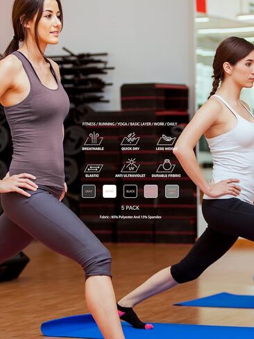 TELALEO 5 قطع من قمصان التدريبات للنساء، قمصان رياضية بدون أكمام رياضية، قمصان مضغوطة بدون أكمام مناسبة للجفاف أسود/رمادي/أبيض/رمادي فاتح/أرجواني 2XL in Kuwait