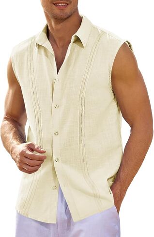 قمصان Hestenve الرجالية الكوبية Guayabera من الكتان بدون أكمام وأزرار لأعلى، قميص صيفي كاجوال للشاطئ in Kuwait