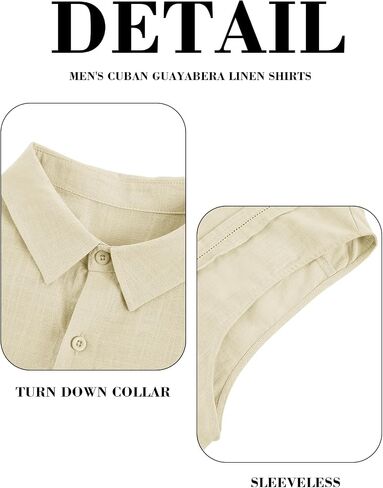 قمصان Hestenve الرجالية الكوبية Guayabera من الكتان بدون أكمام وأزرار لأعلى، قميص صيفي كاجوال للشاطئ in Kuwait