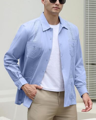 Mens Shirts Guayabera Shirts Cuban Long Sleeve Mexican Shirts for Men in Saudi Arabia