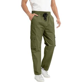 Leward Mens Cargo Casual Joggers Athletic Hiking Pants Cotton Loose Straight Sweatpants with Drawstring and Pockets  