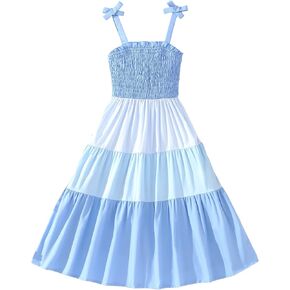 Verdusa Girl's Shirred Colorblock Ruffle Hem Layered Hem Backless A Line Flowy Cami Dress
