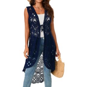 GLEAMISS Women's Crochet Long Vest Sleeveless Lace Cardigan Hollow Out Kimino Cover Up in Kuwait