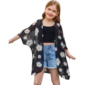 SOLY HUX Girl's Floral Print Sheer Open Front Swim Cover Up 3/4 Sleeve Beach Kimono Swimsuits in Saudi Arabia