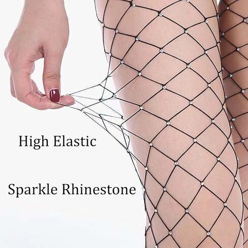 SAFSOU جوارب عالية الفخذ من شبكة صيد السمك، جوارب طويلة لامعة، جوارب شبكية من حجر الراين in Kuwait