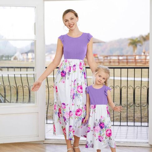 فساتين IFFEI Mommy and Me متطابقة مع فستان طويل بدون أكمام مطبوع عليه زهور للأم والابنة in Kuwait
