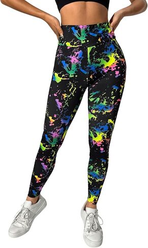 GORGLITTER Women's Reflective Splash Ink Print High Waisted Leggings Y2K Fitted Pants in Kuwait