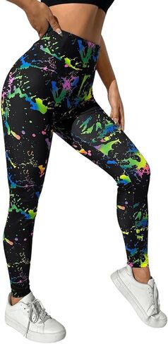 GORGLITTER Women's Reflective Splash Ink Print High Waisted Leggings Y2K Fitted Pants in Kuwait