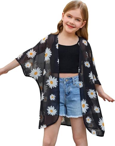 SOLY HUX Girl's Floral Print Sheer Open Front Swim Cover Up 3/4 Sleeve Beach Kimono Swimsuits in Saudi Arabia